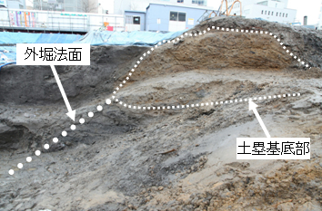 土塁基底部から外堀法面の堆積(東から)
