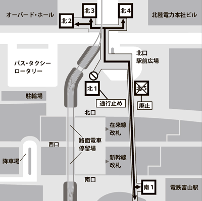 地図：富山駅地下道の通行止め一部解除