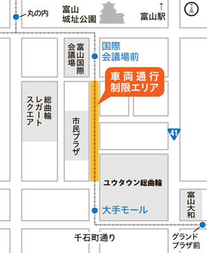 地図：大手モールの車道が通行止め区域