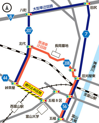 地図：県道富山高岡線（県道44号）の夜間通行止め