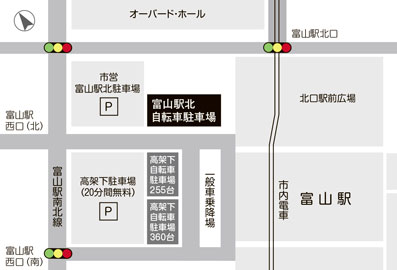 地図：富山駅北自転車駐車場の供用場所