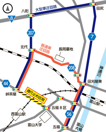地図：県道富山高岡線（県道44号）の夜間通行止め