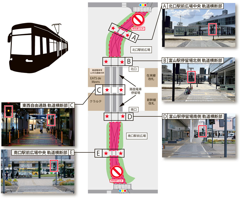 地図：富山駅利用時には路面電車に注意