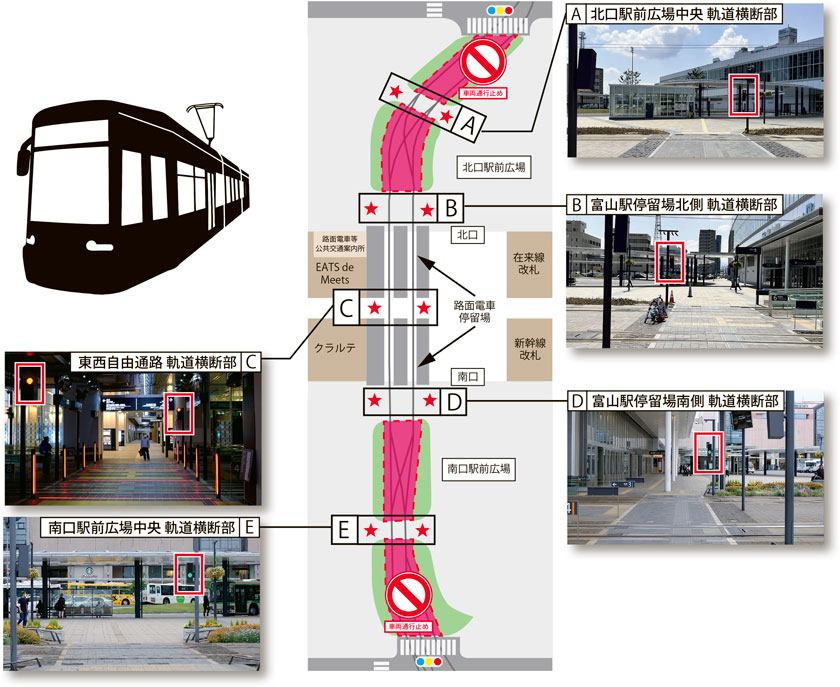 地図：富山駅利用時には路面電車に注意しましょう