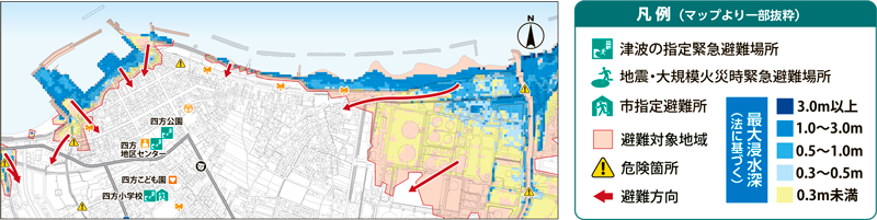 画像：四方・八幡地区の津波ハザードマップ（一部）