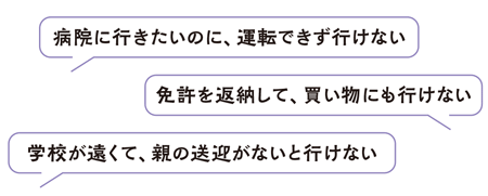 病院に行きたいのに、運転できず行けない
免許を返納して、買い物にも行けない
学校が遠くて、親の送迎がないと行けない