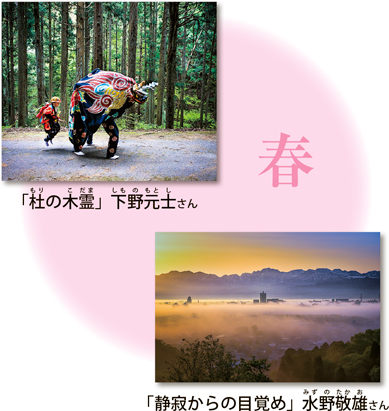 春

「杜もりの木霊こだま」 下野元士しものもとしさん

「静寂からの目覚め」 水野敬雄みずのたかおさん