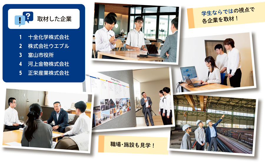 取材した企業

1　十全化学株式会社
2　株式会社ウエブル
3　富山市役所
4　河上金物株式会社
5　正栄産業株式会社